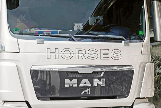 Es ist empfehlenswert, den Schriftzug «Pferdetransport» oder einen ähnlichen am Transporter oder Anhänger anzubringen.